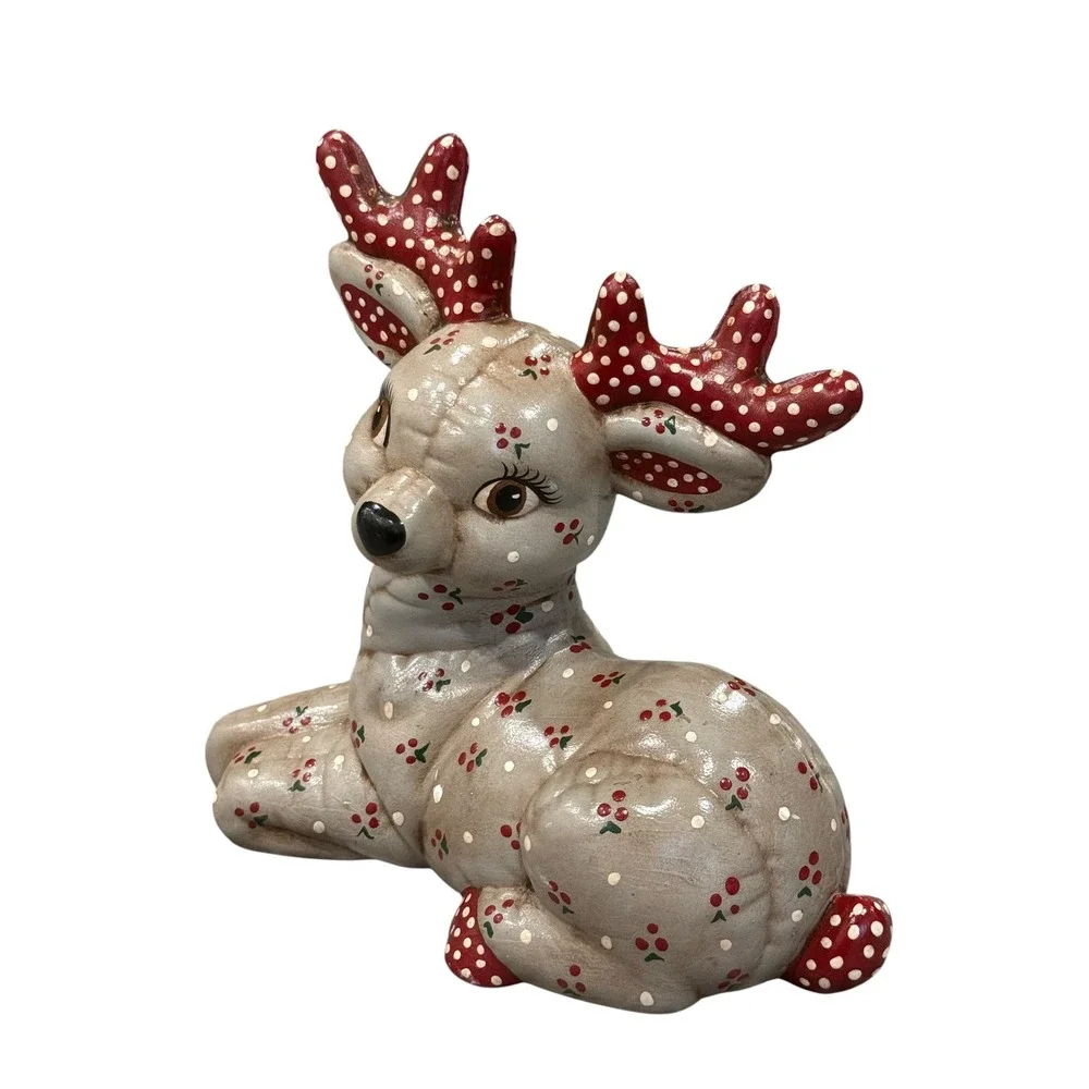 Hand Painted Christmas Reindeer Deer Ceramic Planter Cachepot Folk Art 8